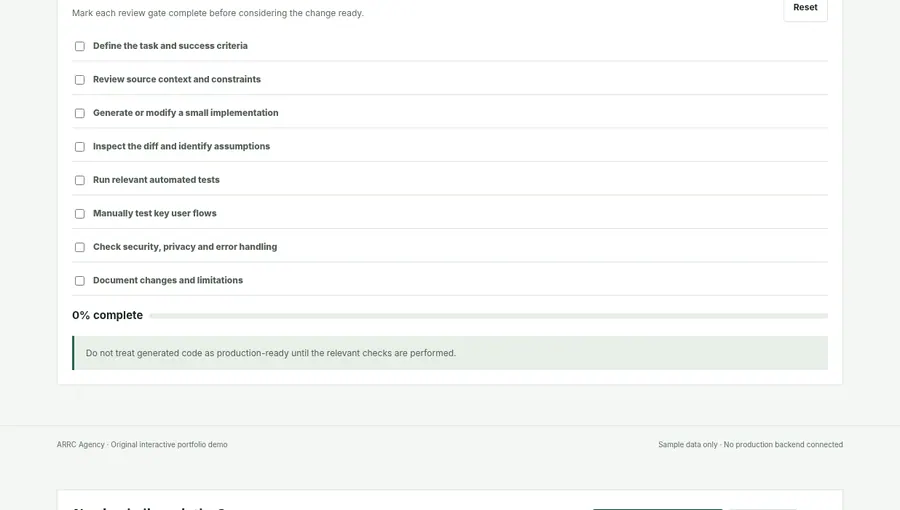Screenshot captured from ARRC Agency AI-Assisted Development Review interactive demo, showing its browser interface