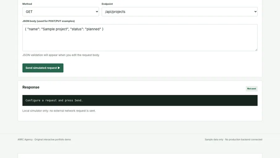 Screenshot captured from ARRC Agency API Request Playground interactive demo, showing its browser interface