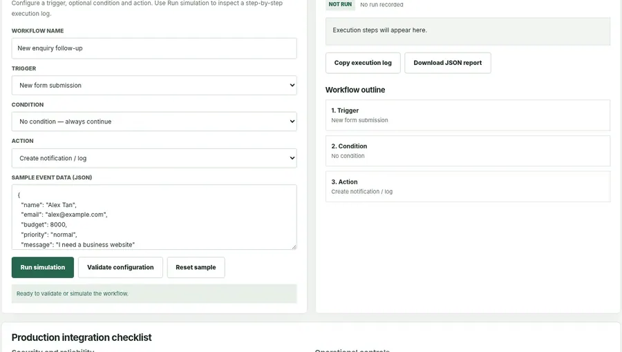 Automation Builder · simulated execution — screenshot from the actual ARRC browser demo, not a customer deployment