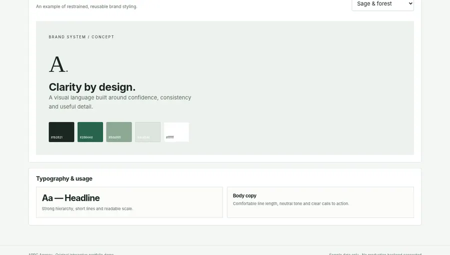 Screenshot captured from ARRC Agency Brand Identity Concept interactive demo, showing its browser interface