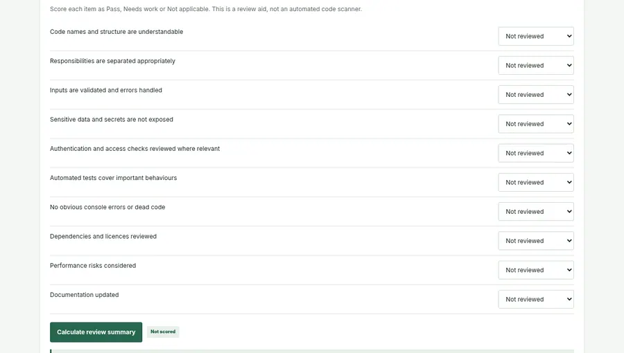 Screenshot captured from ARRC Agency Code Review Checklist interactive demo, showing its browser interface