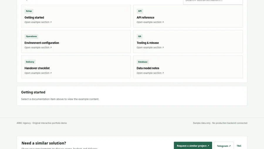 Screenshot captured from ARRC Agency Technical Documentation Hub interactive demo, showing its browser interface