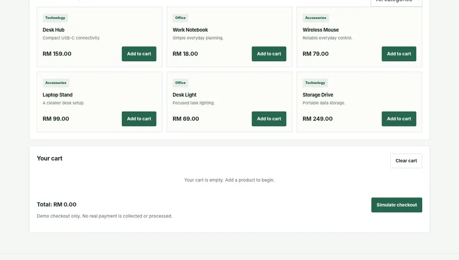 Screenshot captured from ARRC Agency E-Commerce Storefront interactive demo, showing its browser interface