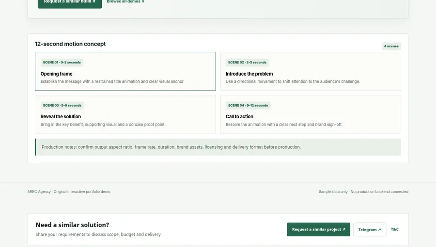 Screenshot captured from ARRC Agency Motion Graphics Storyboard interactive demo, showing its browser interface