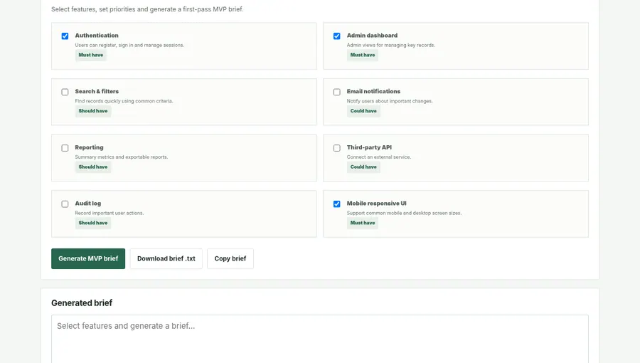 Screenshot captured from ARRC Agency MVP Scope Planner interactive demo, showing its browser interface
