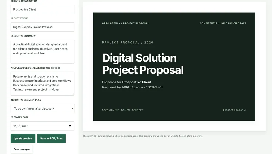 Screenshot captured from ARRC Agency Corporate Proposal Studio interactive demo, showing its browser interface