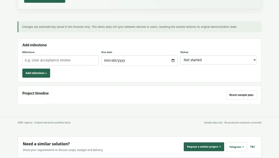 Screenshot captured from ARRC Agency Project Delivery Tracker interactive demo, showing its browser interface