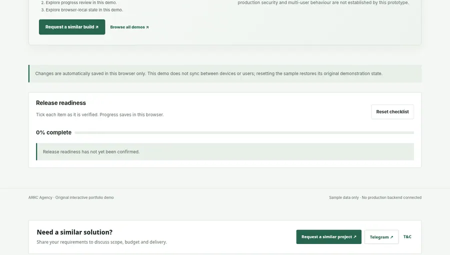 Screenshot captured from ARRC Agency QA & Release Checklist interactive demo, showing its browser interface