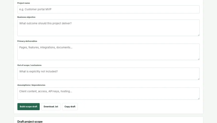Screenshot captured from ARRC Agency Project Scope Builder interactive demo, showing its browser interface