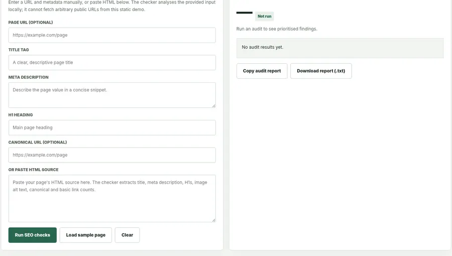 Screenshot captured from ARRC Agency On-Page SEO Checker interactive demo, showing its browser interface