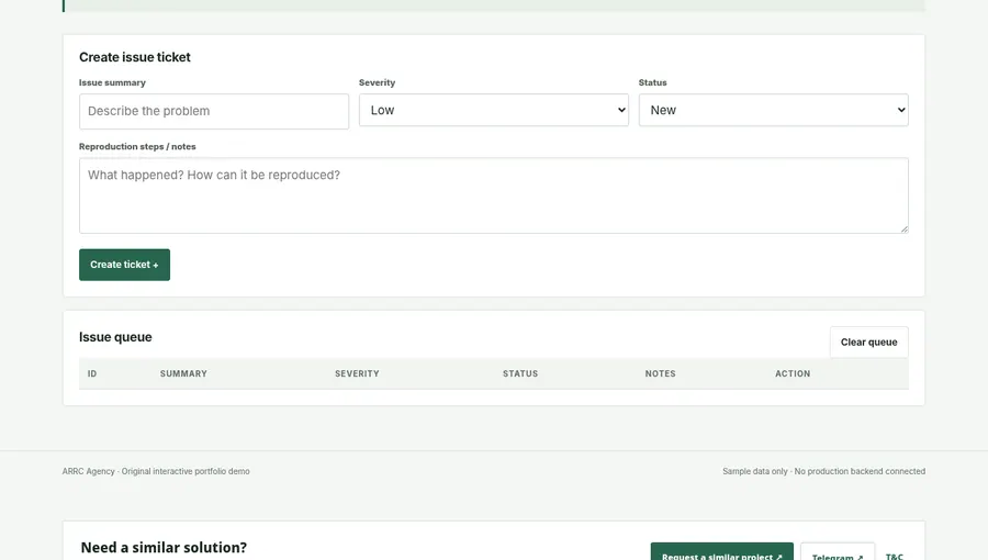 Screenshot captured from ARRC Agency Troubleshooting & Support Desk interactive demo, showing its browser interface