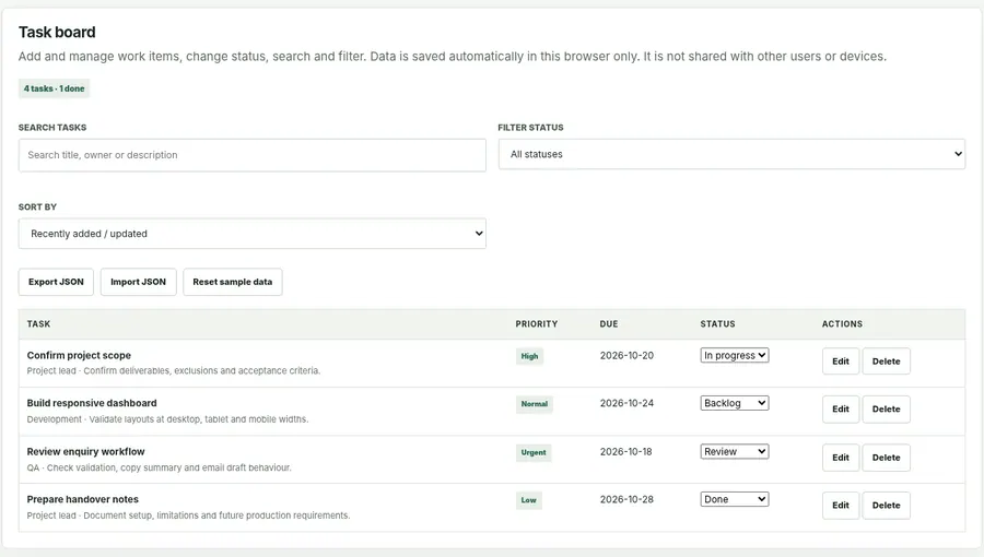 Task Manager · browser-local prototype — screenshot from the actual ARRC browser demo, not a customer deployment