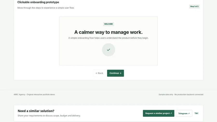 Screenshot captured from ARRC Agency Clickable UI/UX Prototype interactive demo, showing its browser interface