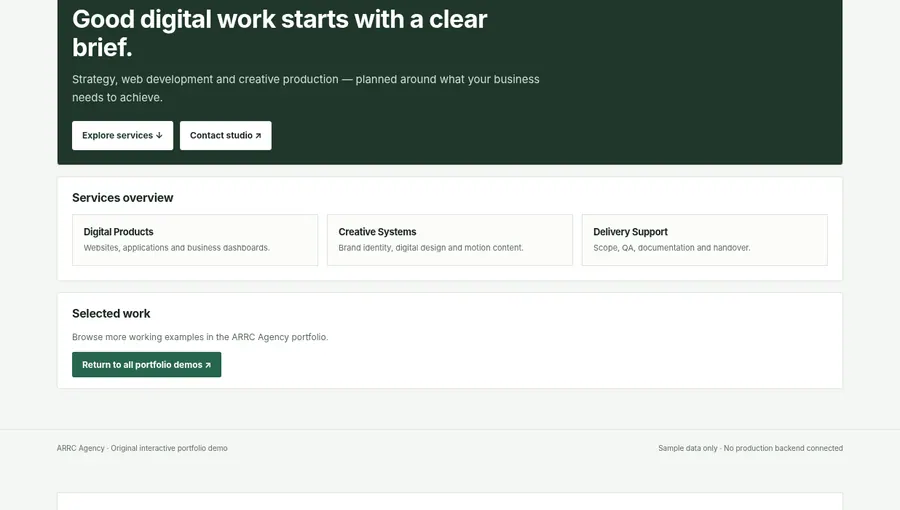 Screenshot captured from ARRC Agency Digital Agency Website interactive demo, showing its browser interface