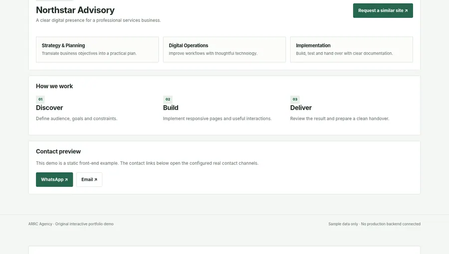 Screenshot captured from ARRC Agency Responsive Business Website interactive demo, showing its browser interface